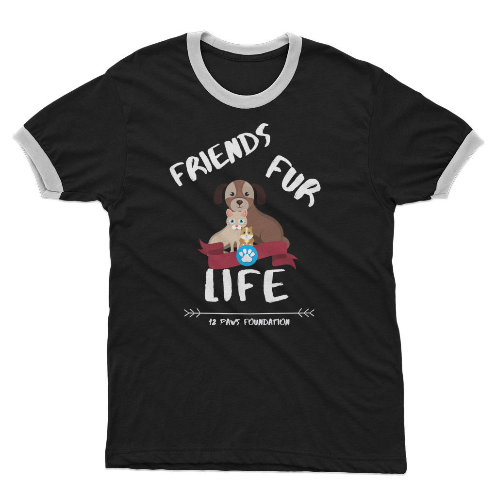 (White Lettering) Friends Fur Life Adult Ringer T-Shirt