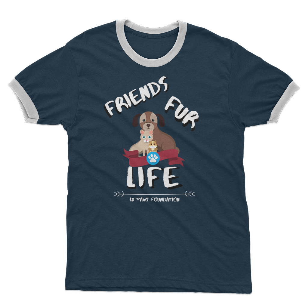 (White Lettering) Friends Fur Life Adult Ringer T-Shirt